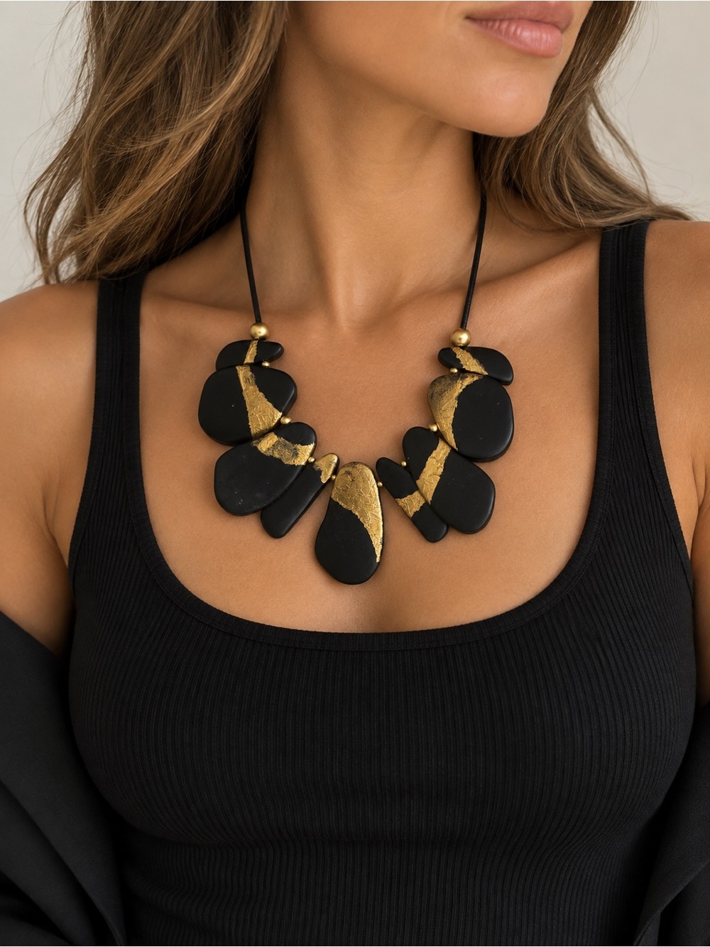 Chico's black resin and gold-tone pebble bib statement necklace